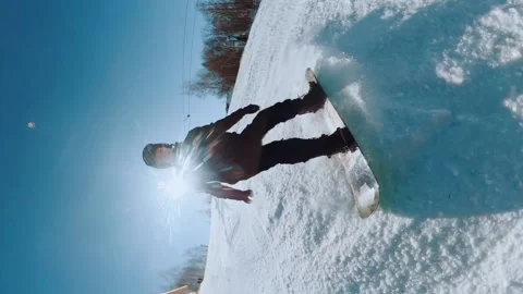 Shooting a snowboarder on a 360 camera, vertical shooting Stock Footage 241590360