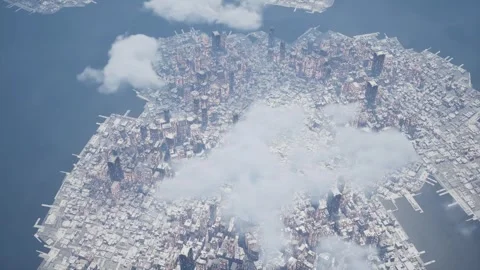 Shooting from a spacecraft flying over the clouds of a megacity. Stock Footage 276037057