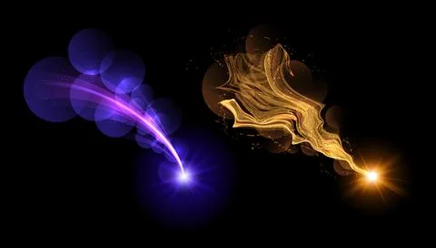 Shooting star with falling off glittering dust and sparkles trace vector set Stock Illustration