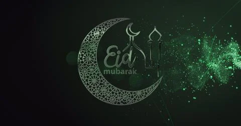 Shooting star over eid mubarak text with crescent moon and mosque against green Ilustração Stock