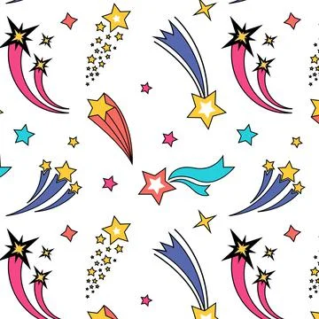 Shooting star pattern. Seamless print with unicorn falling asteroid. Magic Illustrazione stock