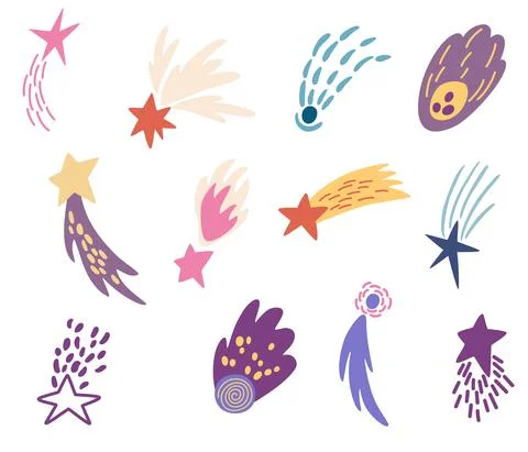 Shooting stars set. Comet tail or star trail. Meteorite, space. Vector Hand d Stock Illustration
