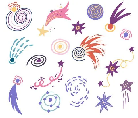 Shooting stars set. Comet tail or star trail. Meteorite, space. Vector Hand d Stock Illustration
