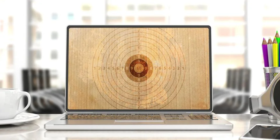 Shooting target on a computer laptop screen, blur office background. 3d illus Stock Illustration