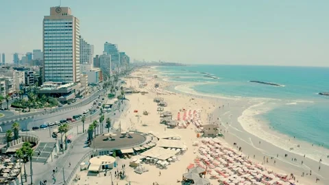 Shooting a video with a drone of the beaches of Tel Aviv during the day. Stock Footage 240132313
