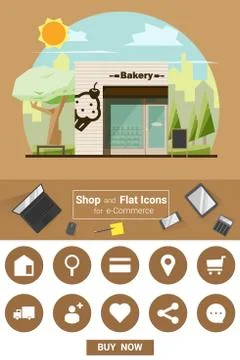 Shop and flat icons for e-commerce Bakery shop Stock Illustration