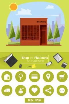 Shop and flat icons for e-commerce Bike shop Stock Illustration