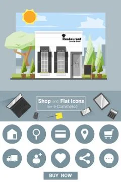 Shop and flat icons for e-commerce Restaurant Stock Illustration