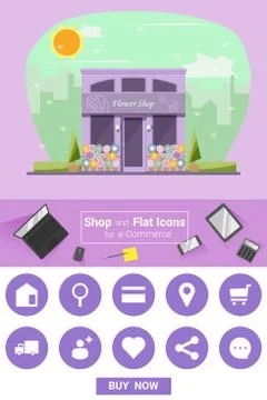 Shop and flat icons for e-commerce Flower shop Stock Illustration