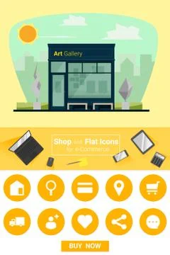 Shop and flat icons for e-commerce Art gallery Stock Illustration