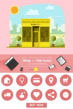 Shop and flat icons for e-commerce Boutique store Stock Illustration