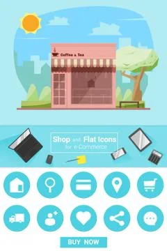 Shop and flat icons for e-commerce Coffee shop Stock Illustration