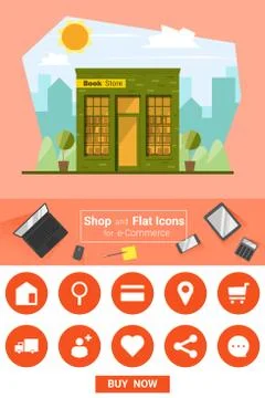 Shop and flat icons for e-commerce Book store Stock Illustration