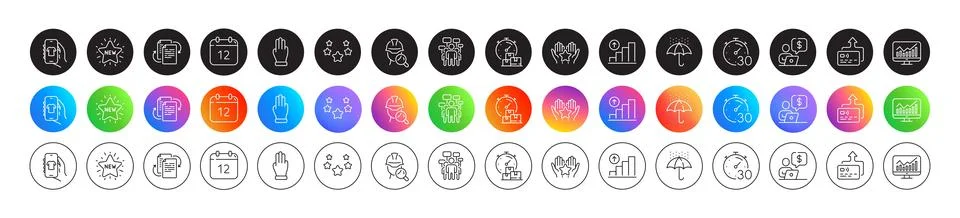 Shop app, Graph chart and Annual calendar line icons. For web app, printing Stock Illustration