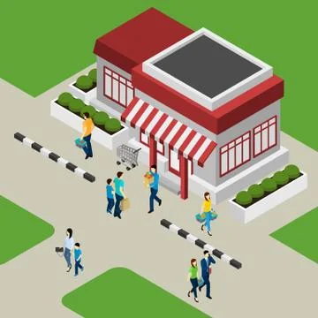 Shop Building  And Customers Illustration Ilustración de archivo