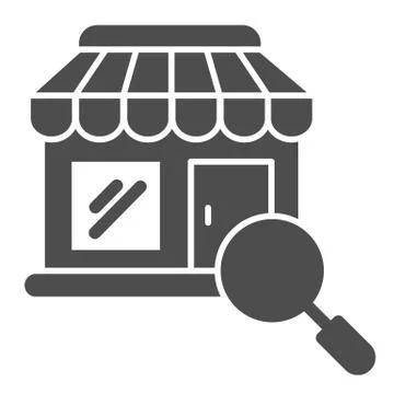 Shop building and magnifier solid icon, shopping concept, store with magnifying Ilustración de archivo