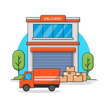 Shop Building with Boxes and Delivery Car Vector Illustration. Stock Illustration