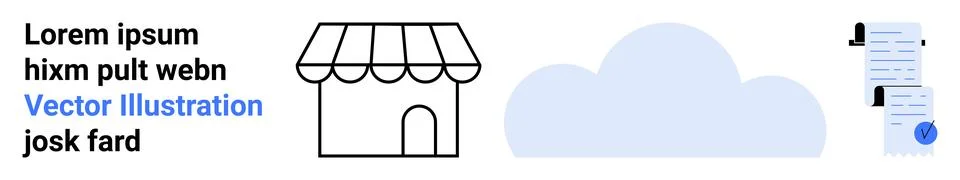 Shop building with canopy, large cloud, document checklist with verification  Ilustración de archivo