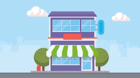 Shop building facade with big window and awning. Illustration
