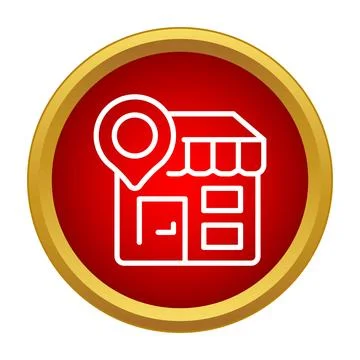 Shop building with a map pointer on a red and gold button Stock Illustration