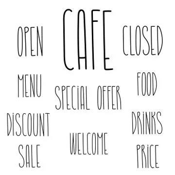 Shop cafe words text set for decoration design template Stock Illustration