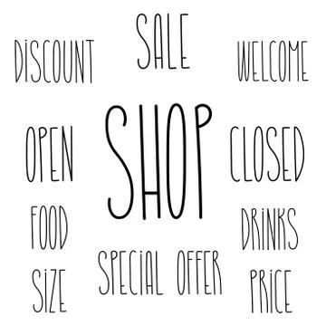 Shop cafe words text set for decoration design template Stock Illustration