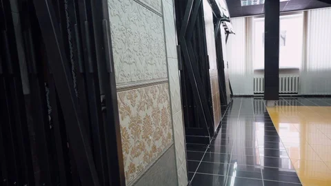 Shop of ceramic tiles, view of samples ceramic tiles, camera movement Stock Footage 88348437