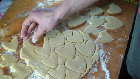 Shop counter Process of making homemade heart shaped cookies on the table. Top Stock Footage 233725026