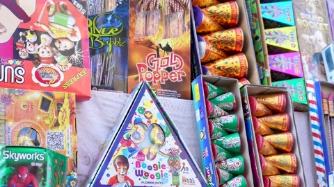 A shop displaying a variety of fireworks Stock Footage 220073716