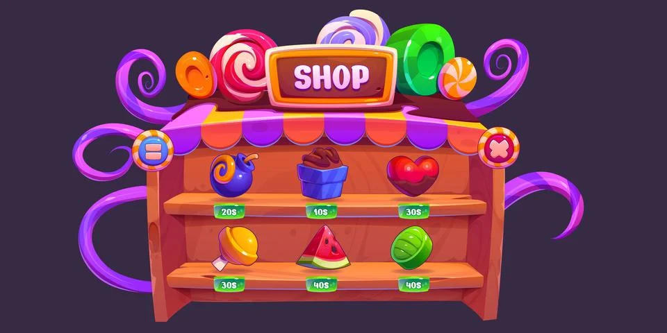 Shop game interface with assets and price buttons. Stock Illustration