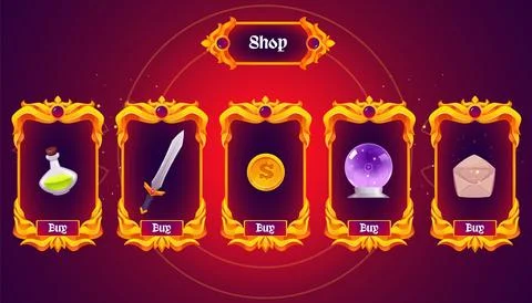 Shop game menu, golden frames with gemstones, vector cartoon vintage magic Stock Illustration