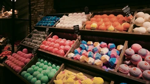 Shop hand soap. On the window is a different type of colored soap. Stock-Footage 99359912