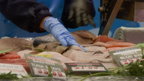 Shop keeper arranges fish fillets at a seafood market Stock Footage 90406734