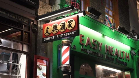 Shop lighted pole rotating signboard chinese medicine Chinatown London Soho Stock Footage 101271024
