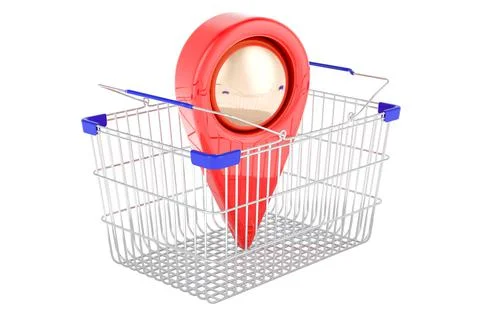 Shop location concept. Map pointer with shopping basket, 3D rendering Stock Illustration