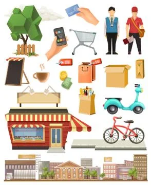Shop, low poly vector icon set Illustrazione stock
