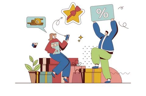 Shop loyalty program concept with character situation in flat design. Man a.. Stock Illustration