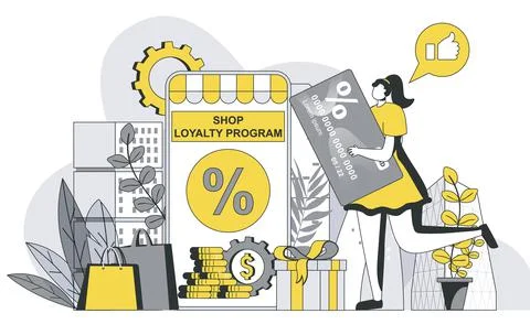 Shop loyalty program concept with outline people scene. Woman receives discount Stock Illustration