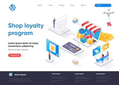 Shop loyalty program isometric landing page. Stock Illustration