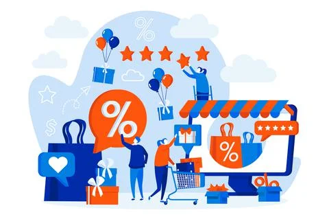 Shop loyalty program web design with people characters. People shopping onlin Stockillustratie