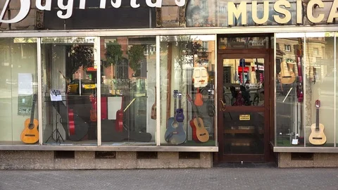 Shop musical instruments in Barcelona. Spain. 4K. Stock Footage