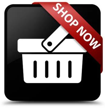 Shop now black square button red ribbon in corner Stock Illustration
