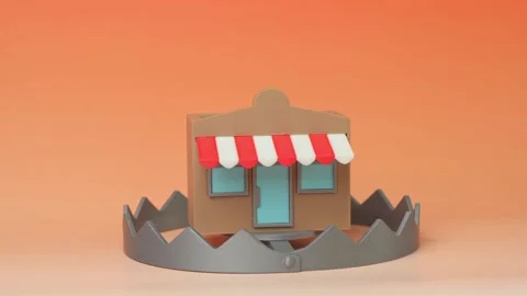 A shop or small business caught in a trap. Concept of financial risk and market Stock Footage 346760778