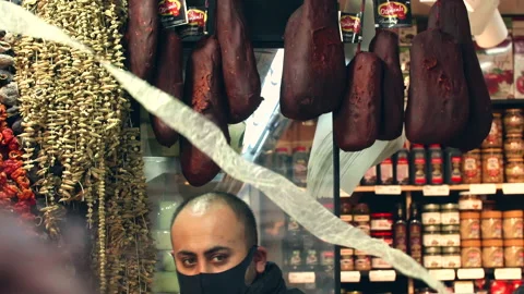 Shop Owner in Spice Bazaar During Pandemic Istanbul Slow Motion Stock-Footage 137590666