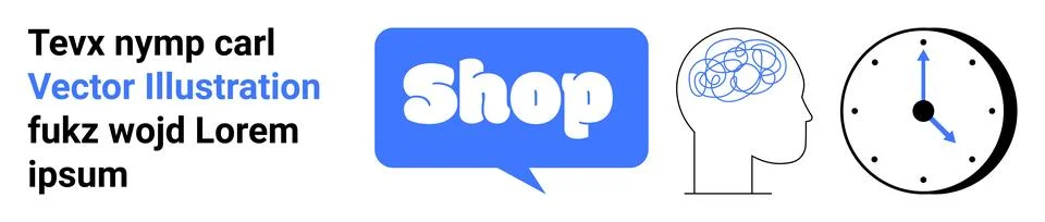 Shop speech bubble icon, brain in head outline and classic clock against whit Stock Illustration