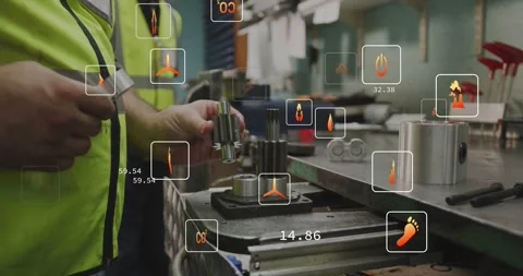 Shop tech reacting to data icon, checking aligning fitting shafts for fit while Video stock 331109213