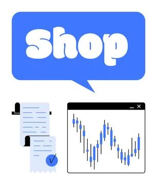 SHOP text in blue speech bubble, receipt with checkmark, financial chart with Illustrazione stock
