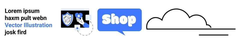 Shop text inside blue chat bubble, shield security icons and cloud outline Id Stock Illustration