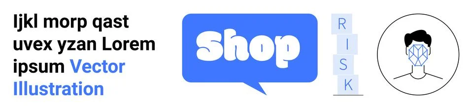 Shop text in a speech bubble beside alphabet blocks spelling risk and a face  Stock Illustration
