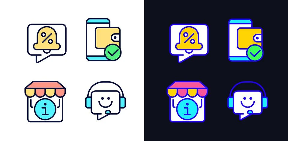 Shop website interface pixel perfect light and dark theme color icons set Illustrazione stock